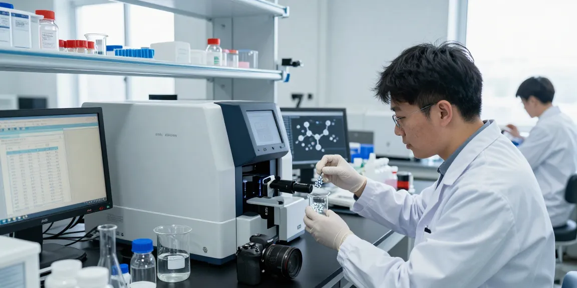 High-purity research peptides analysis in a modern laboratory setting with scientists at work.