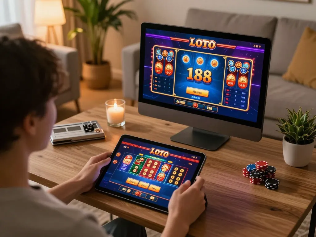 Player enjoying LOTO 188 online casino gaming on a tablet in a cozy home setting.