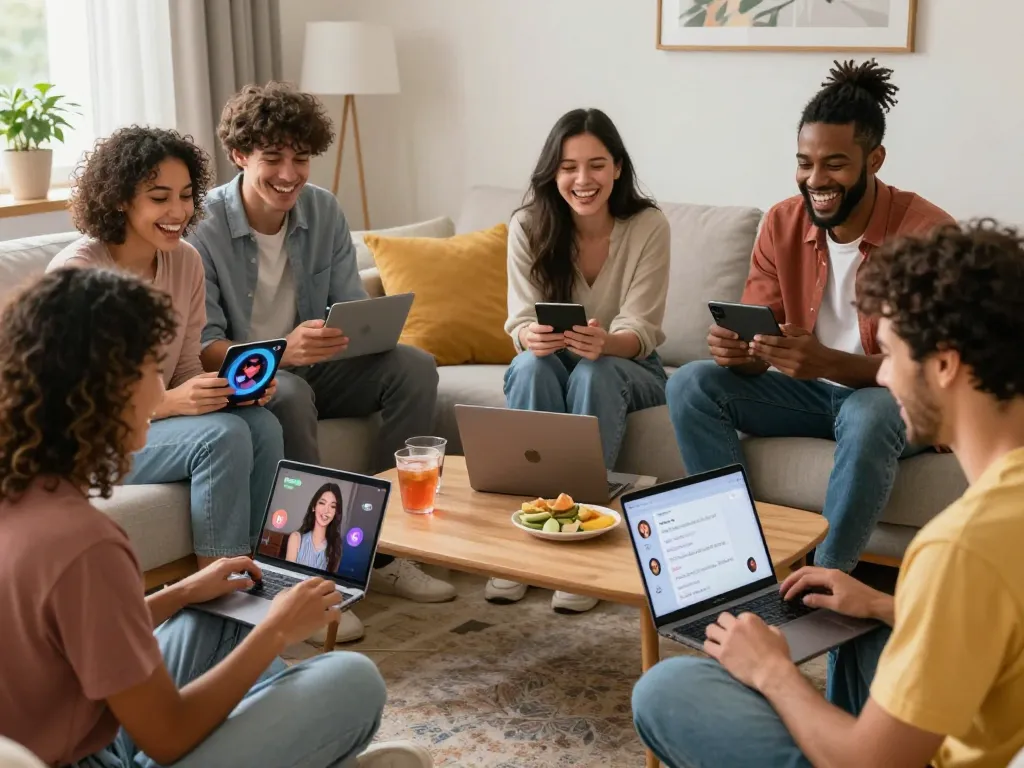 Friends enjoying engaging interactions with a sex chat AI in a cozy setting, showcasing modern technology.