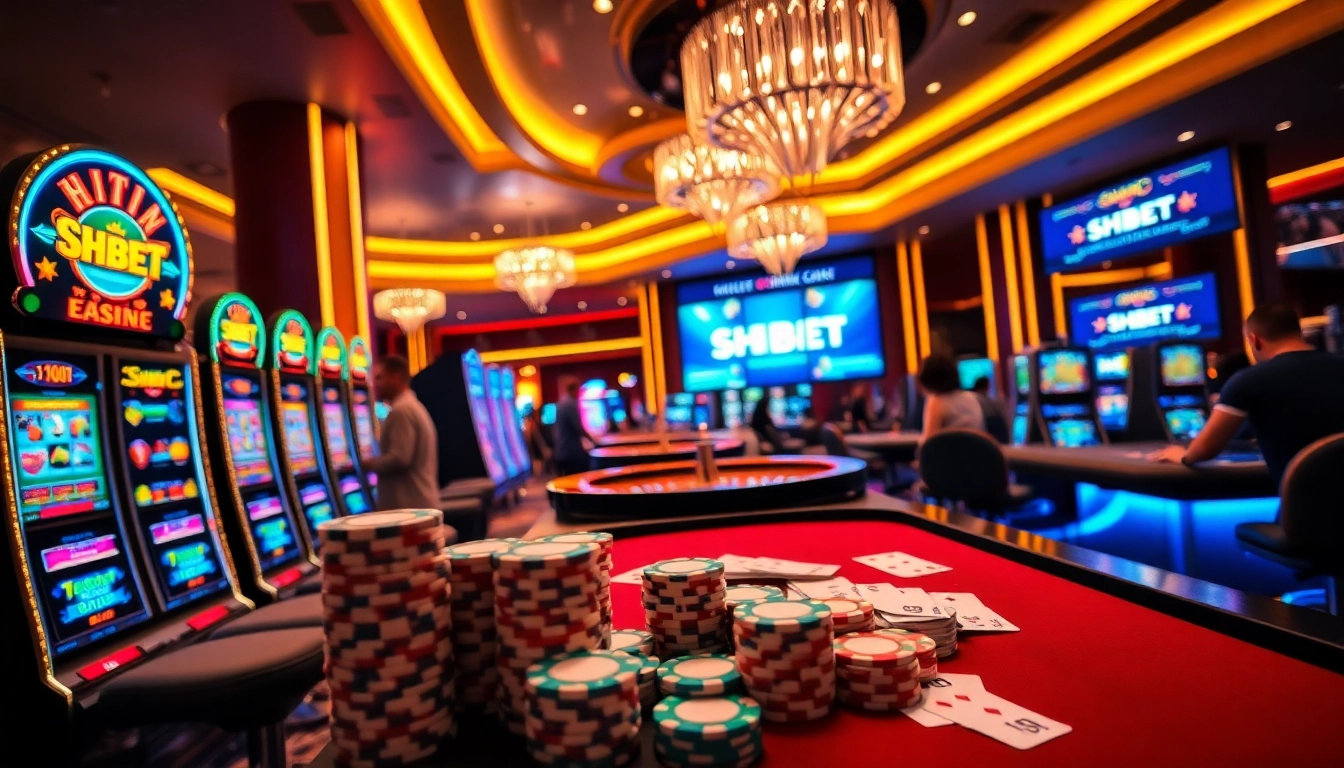 Experience the excitement of SHBET with vibrant casino gaming tables and slot machines.