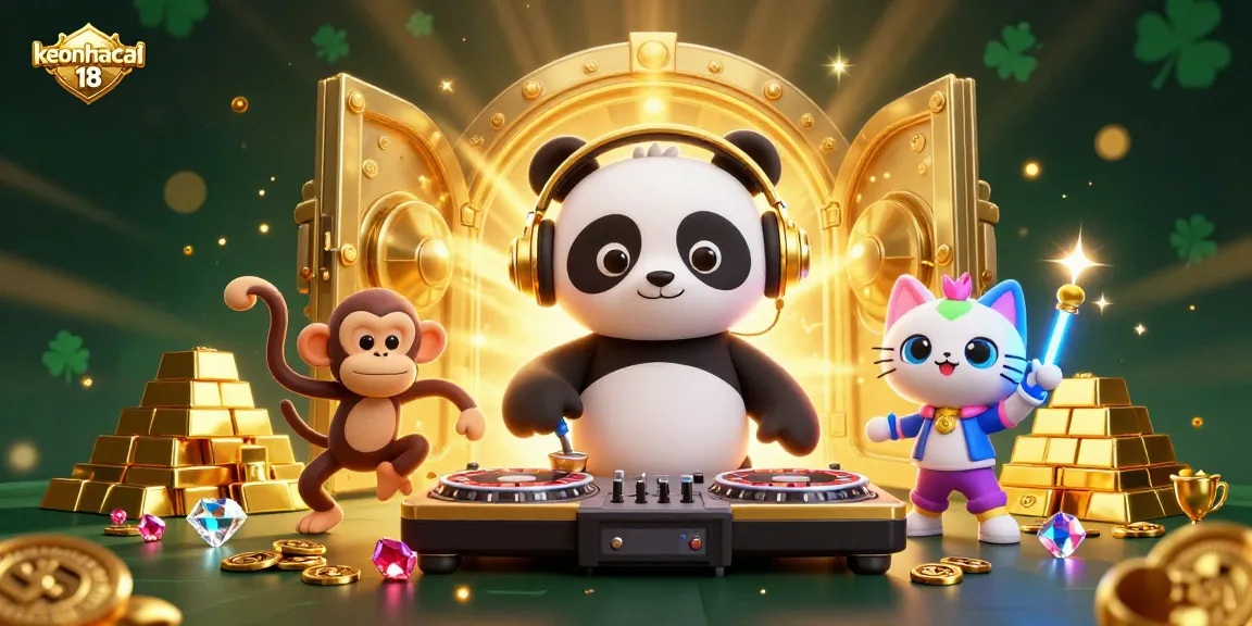 Experience vibrant fun with keonhacai 18 featuring a DJ panda and colorful casino elements.