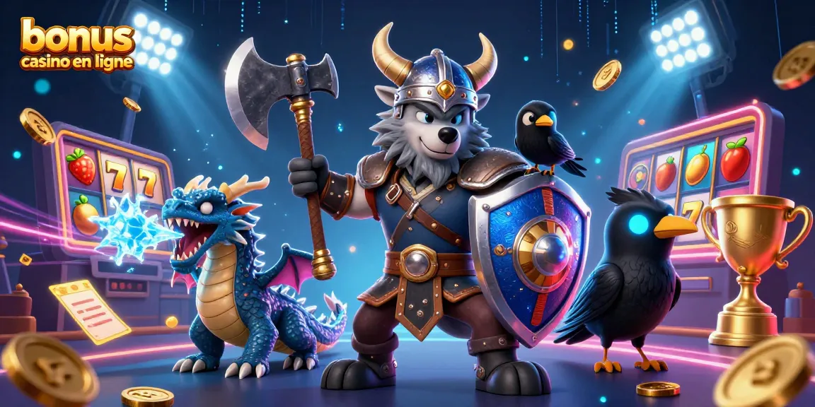 Profitez du bonus casino en ligne avec cette illustration dynamique de guerriers et dragons.