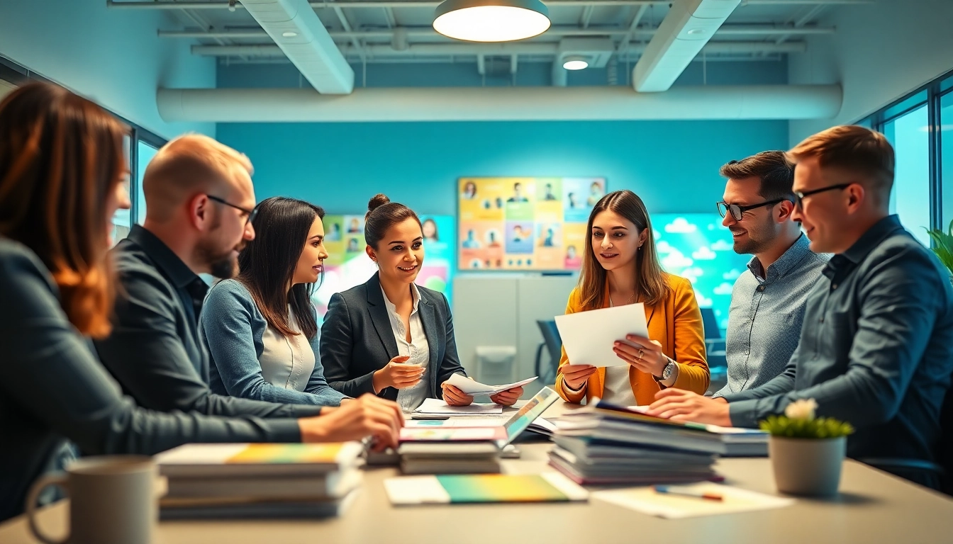 Team brainstorming at a direct mailing company, showcasing vibrant marketing strategies and technology.