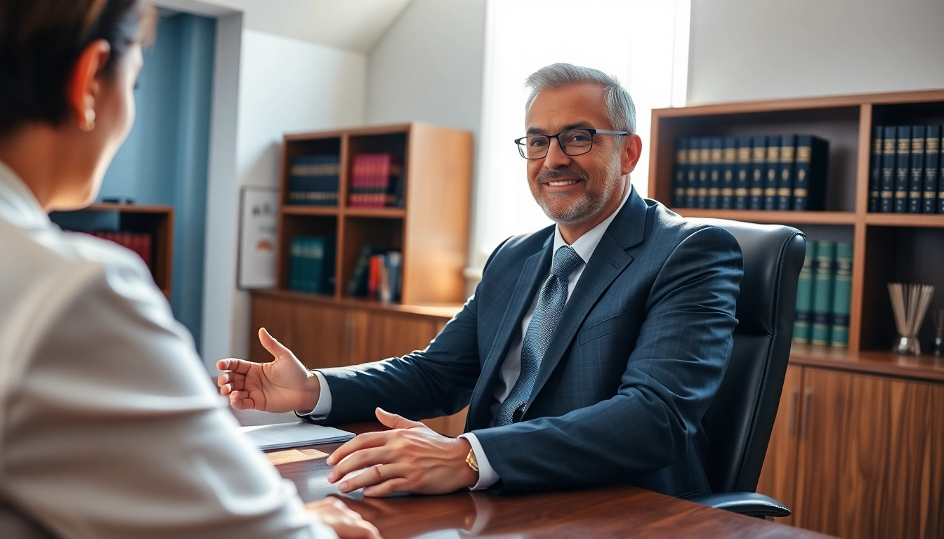 Sarasota injury lawyer consulting with a client in a professional office.