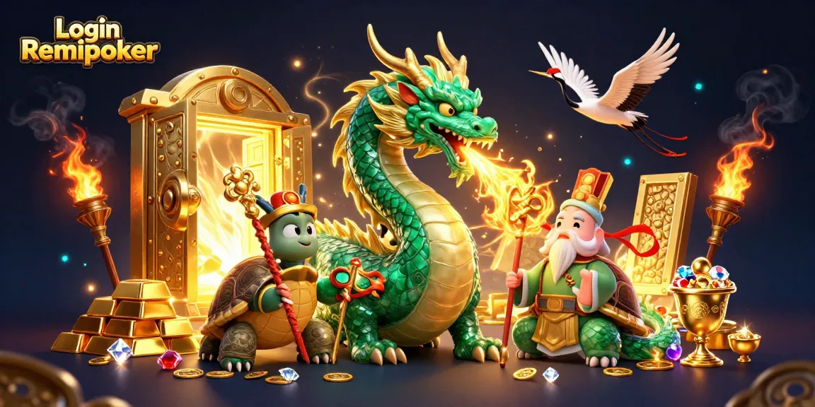 Experience thrilling gameplay with Login Remipoker as jade dragon guards treasures in lively casino illustration.
