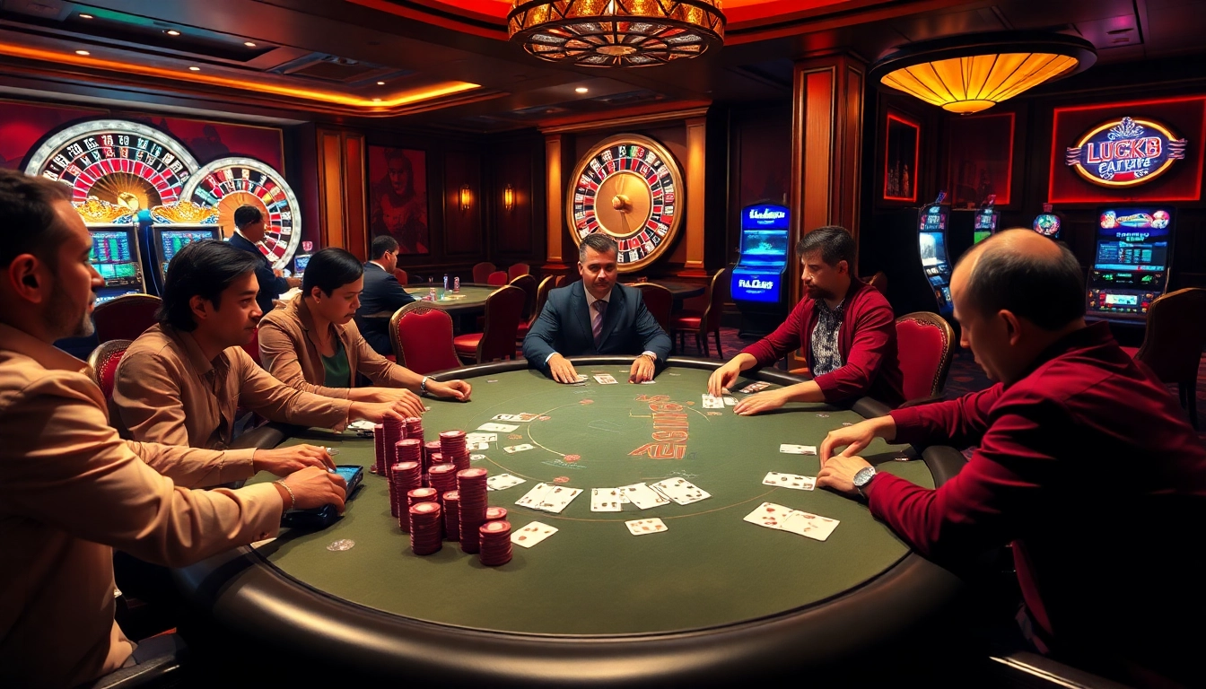 LUCK8 players engaging at a poker table in a luxurious casino environment with vibrant gaming elements.