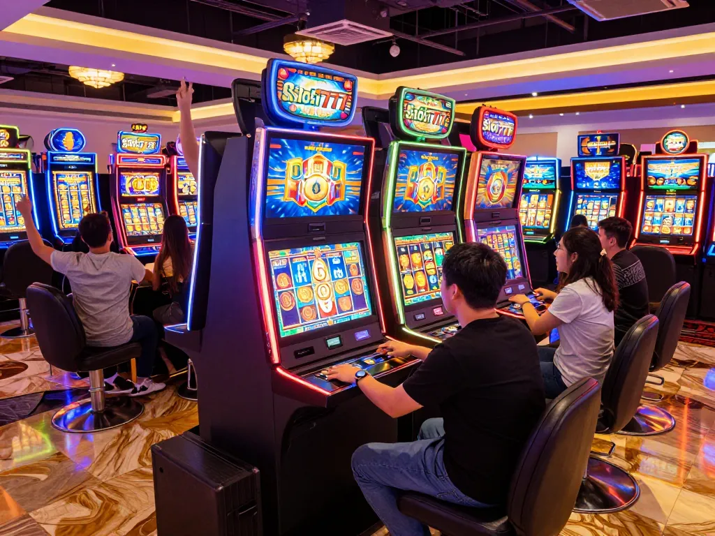 Players enjoying the vibrant link gacor slots with colorful machines and exciting wins at a modern casino.