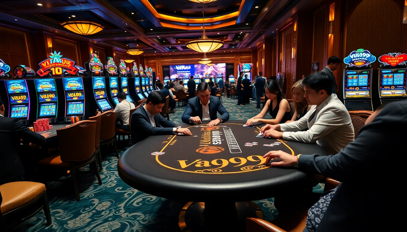 Vua99 players excitedly engage at a poker table in a vibrant casino scene.