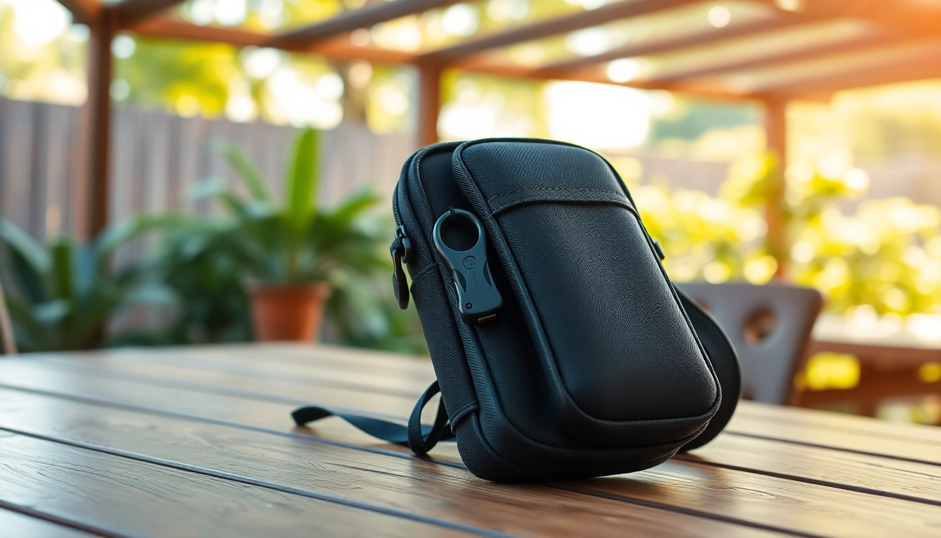 Handy Tasche abschließbar mit sicherem Verschlusssystem auf einem hellen Tisch.