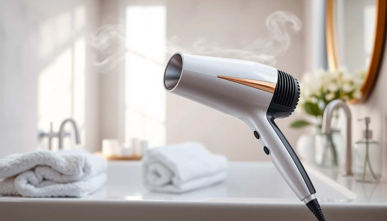 Frizzy hair dryer showcasing sleek design in a beautifully lit bathroom setting.