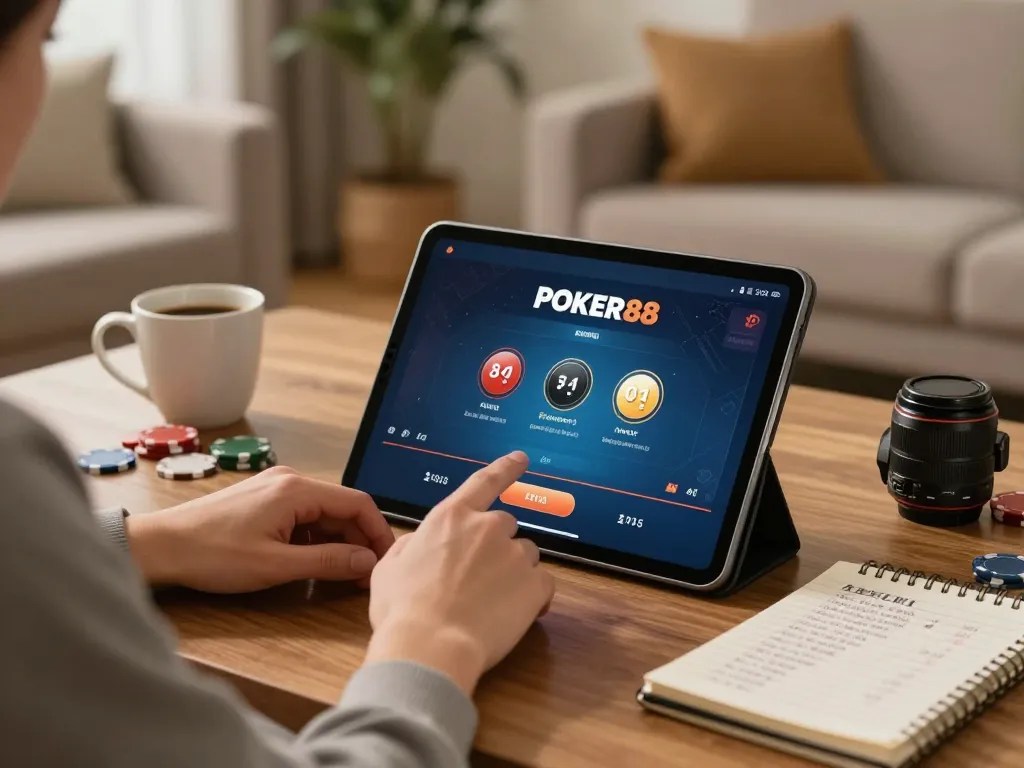 Player engaging with the POKER88 online poker interface on a tablet in a cozy living room.