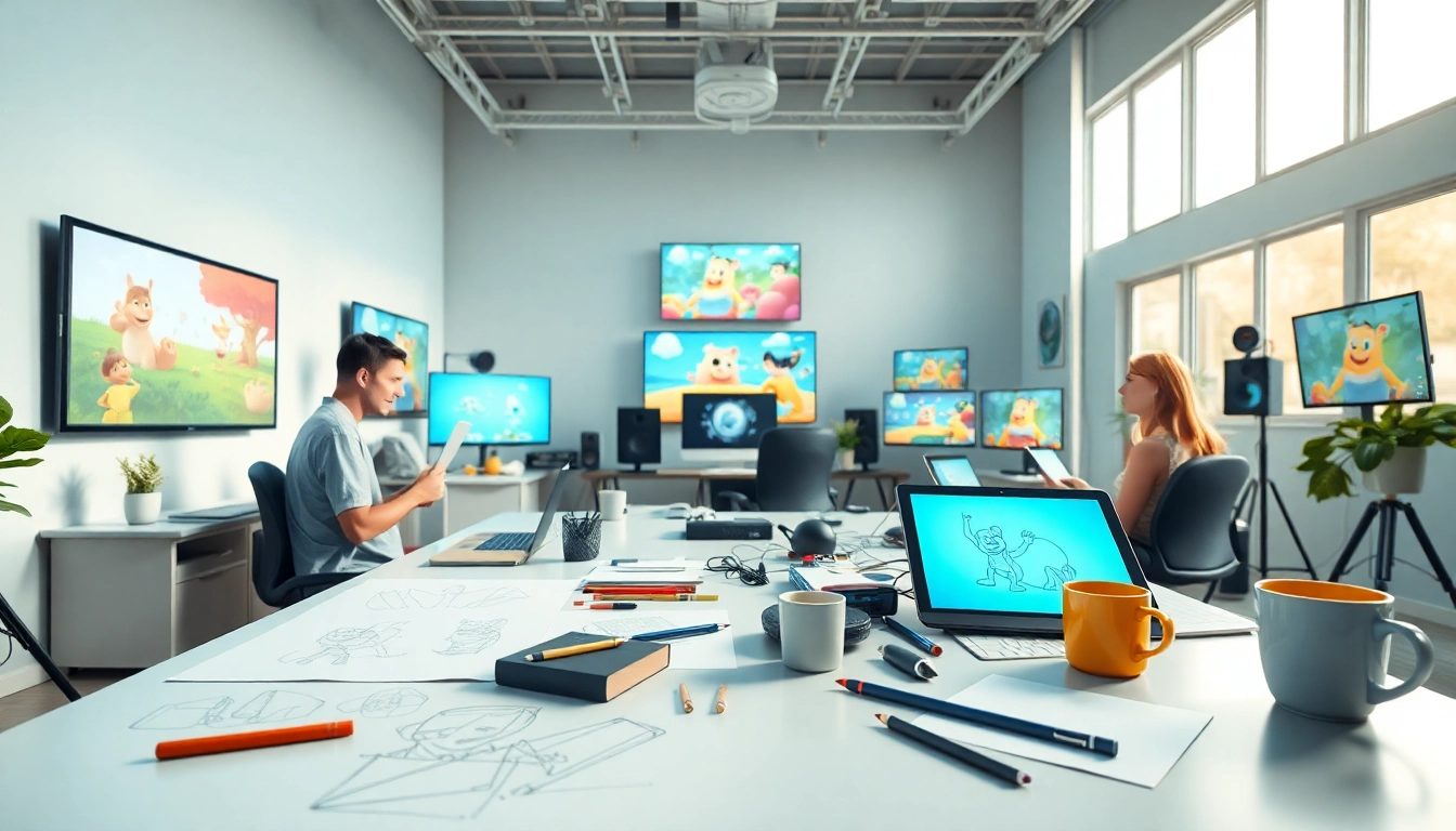 Animationsstudio kreatives Team arbeitet an Animationen, dynamische Atmosphäre und inspirierendes Umfeld.