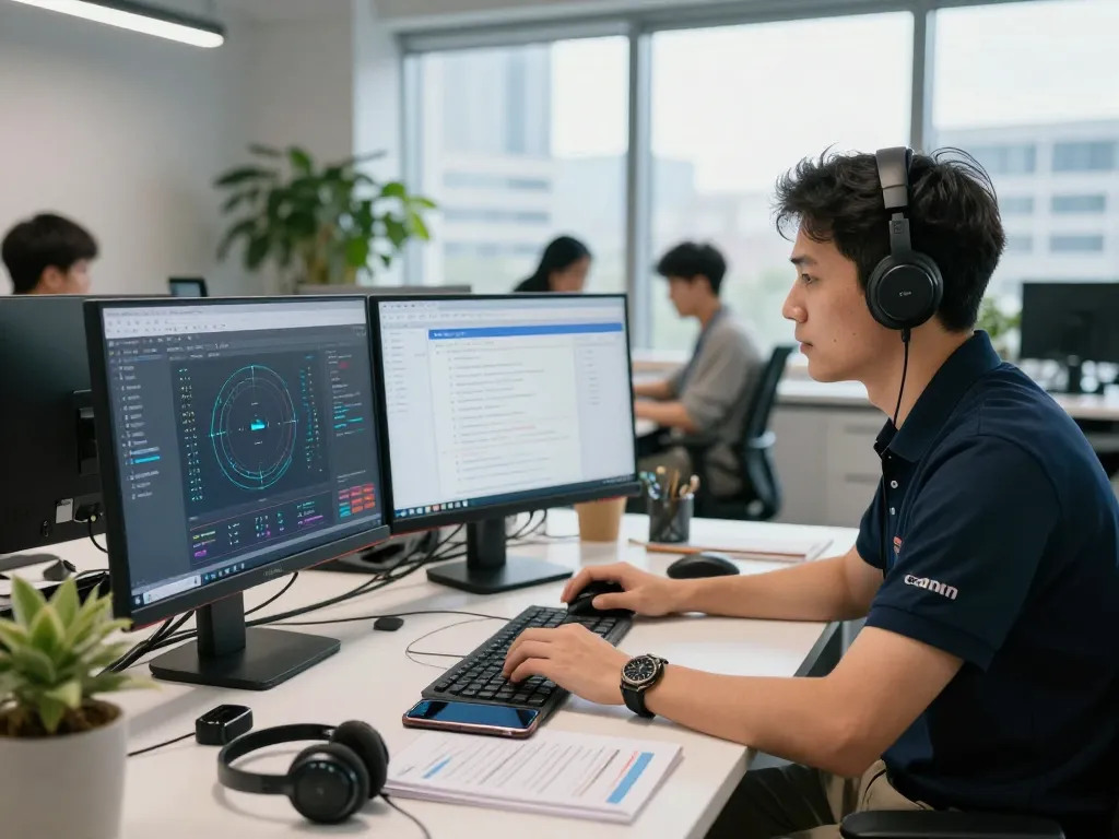 快连 tech support scene with technicians analyzing networks, showcasing innovation.