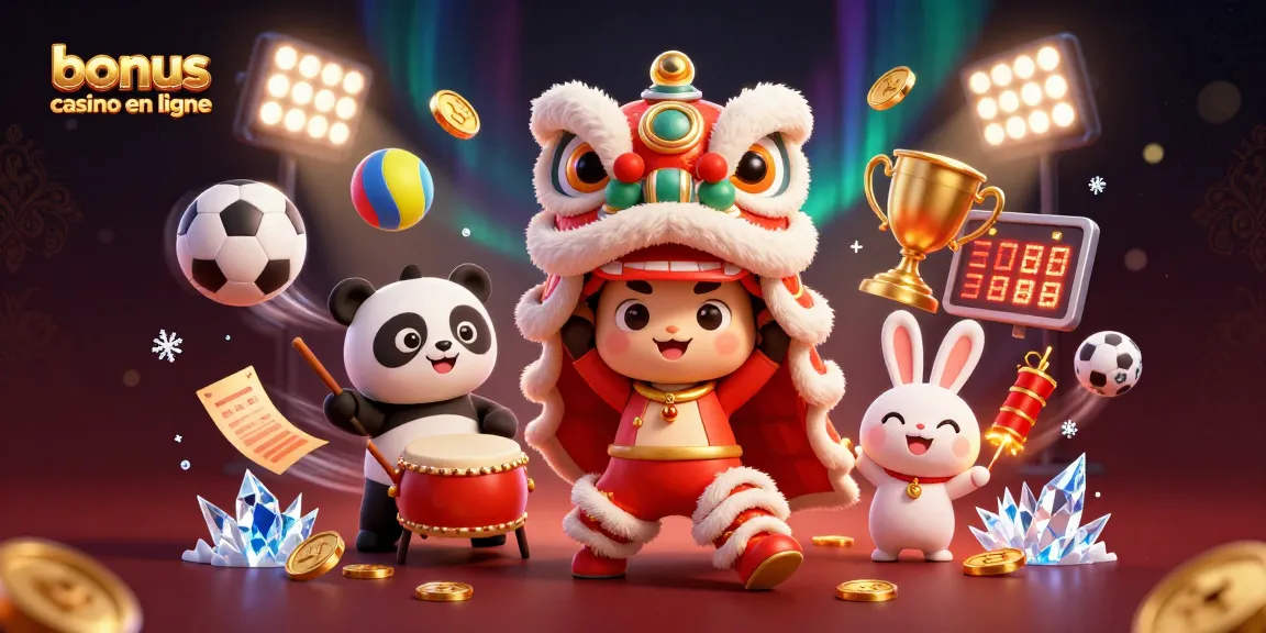 Profitez des bonus casino en ligne avec une illustration dynamique de danseurs de lion, panda et lapin.