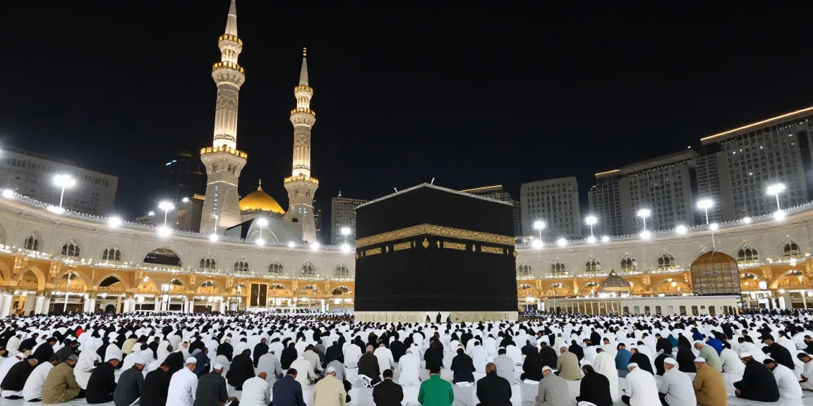 Umroh Ramadan experience at Masjidil Haram during a night prayer, vibrant atmosphere, travel inspiration.