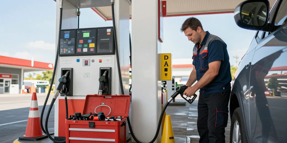 Technician draining petrol in a diesel car at a service station
