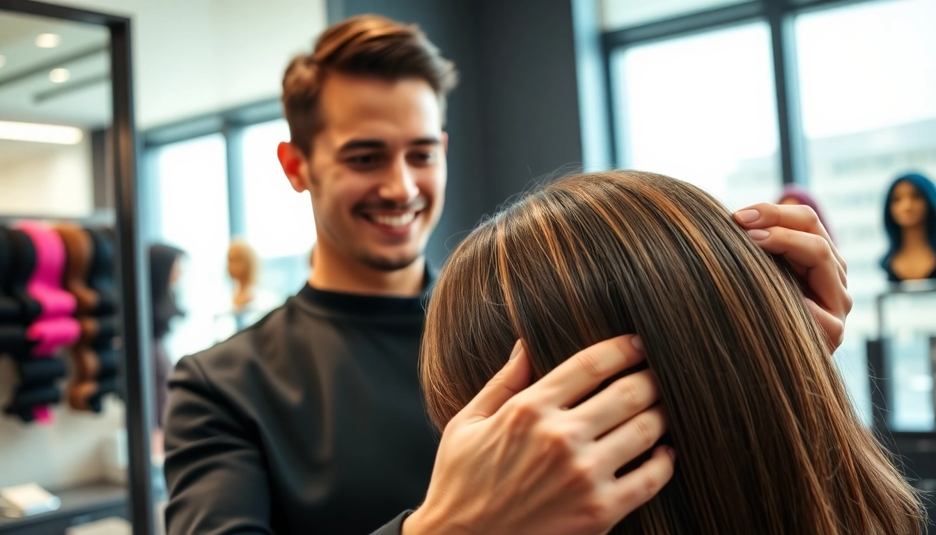 Ace of Fades 212 hairstylist enhancing a client's look during a hair replacement session.