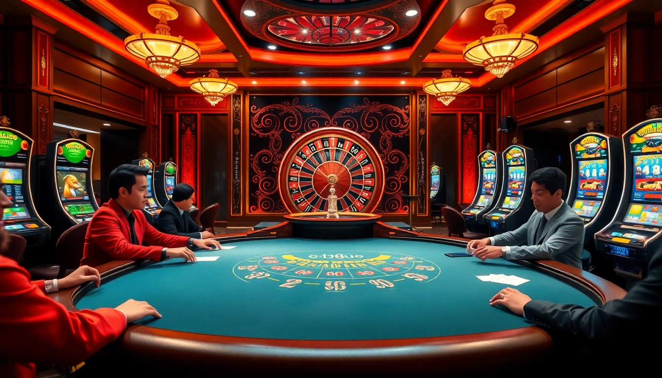 Players enjoying an exciting Babu88 casino experience at a poker table surrounded by vibrant gaming elements.