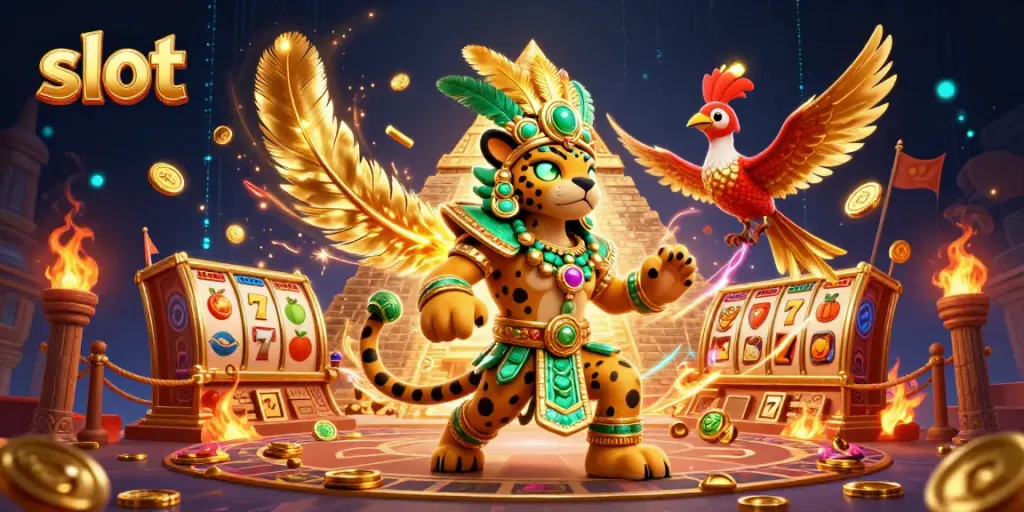 Engage in thrilling slot gameplay alongside a Mayan priest in this striking digital illustration.