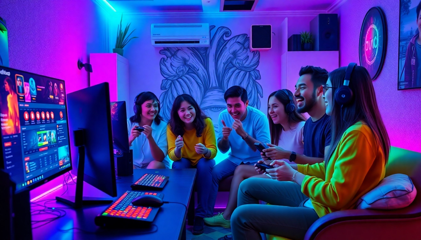 Hello88 online gaming scene with vibrant colors, diverse gamers, and immersive digital interfaces.
