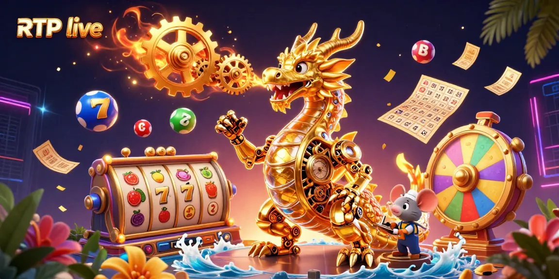 Engage with RTP live through dynamic 3D illustration showcasing thrilling slot games and golden elements.