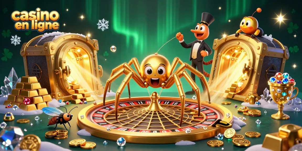 Des personnages de casino en ligne interagissent dans une scène magique avec une araignée en or, un croupier et des gemmes scintillantes.