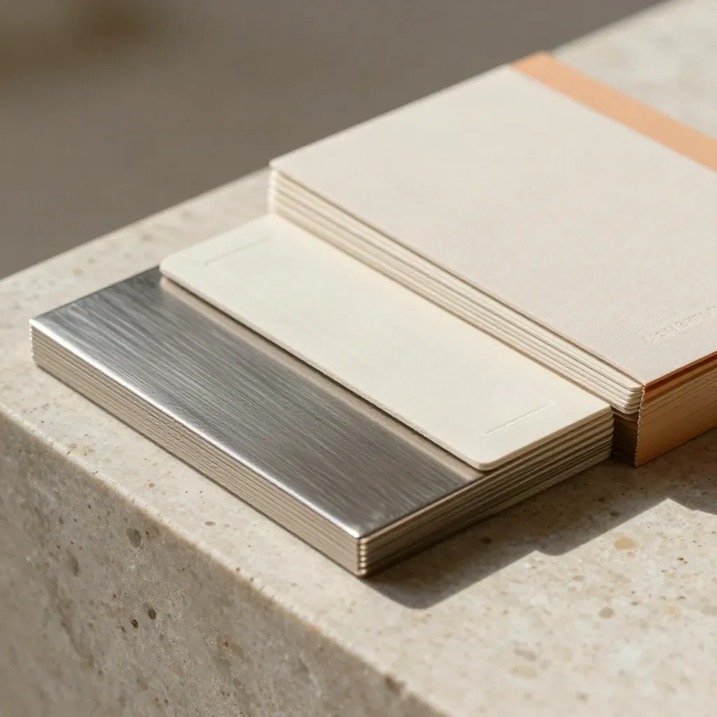 Metal logo kit with embossed cards and a presentation sleeve on travertine