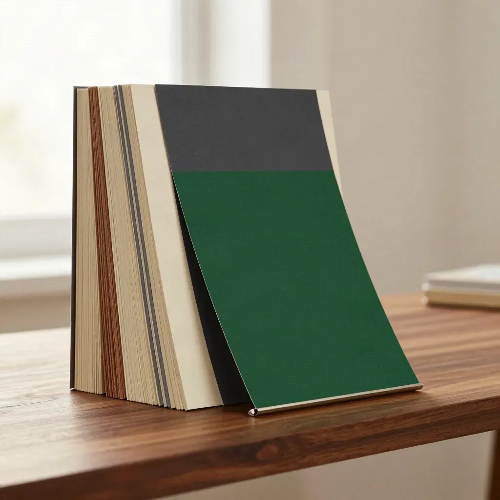 Layered landing-page mockup panels with a green accent card on walnut
