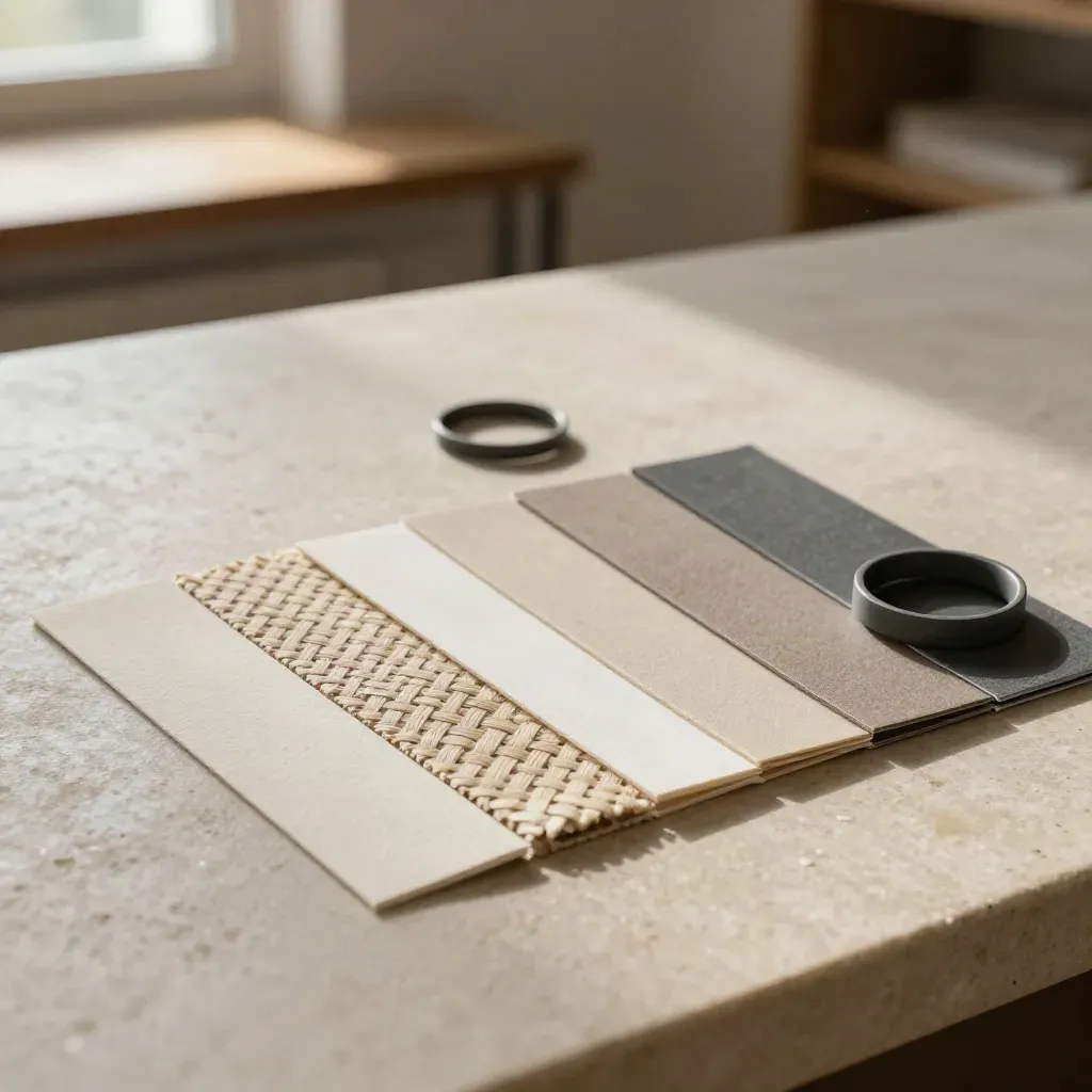 Identity swatches, paper samples, and a sample ring on a sunlit tabletop