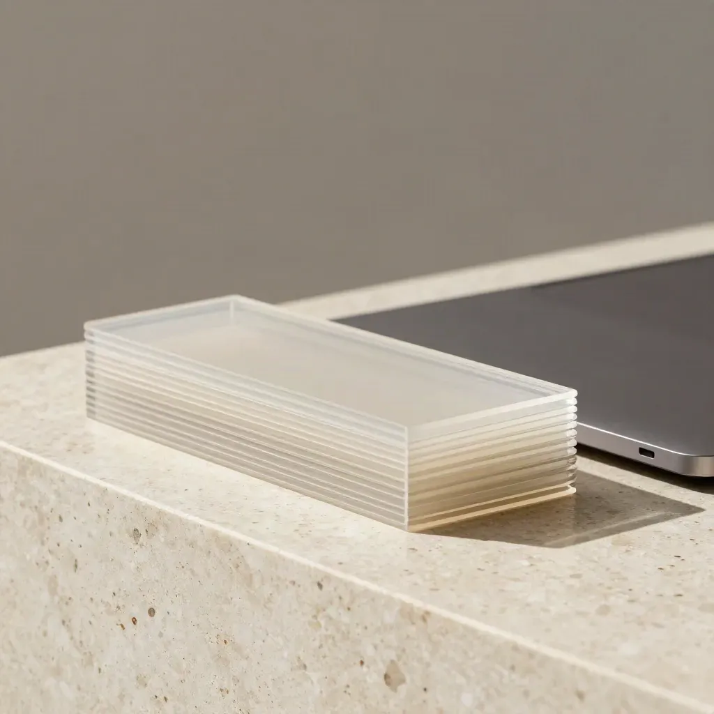 Translucent website page modules, closed laptop, and trackpad slab on travertine in airy light.