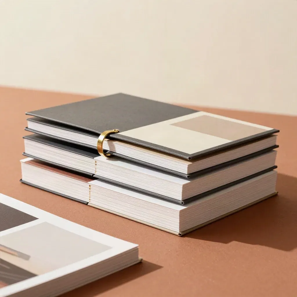 Stacked pitch deck boards and a brass divider on terracotta plaster in soft studio light.