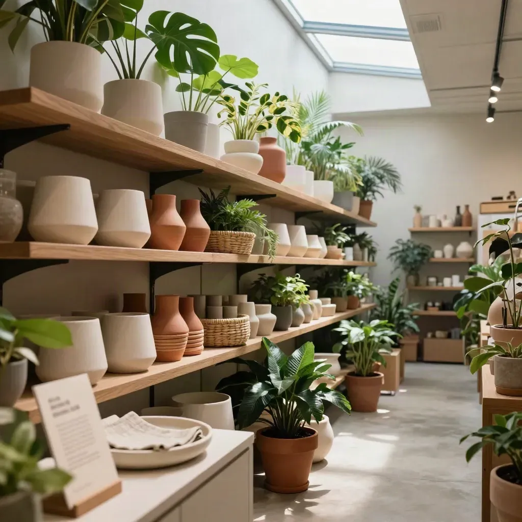 Plant boutique shelves with terracotta pots, woven trays, and lush leaves in soft humid light.
