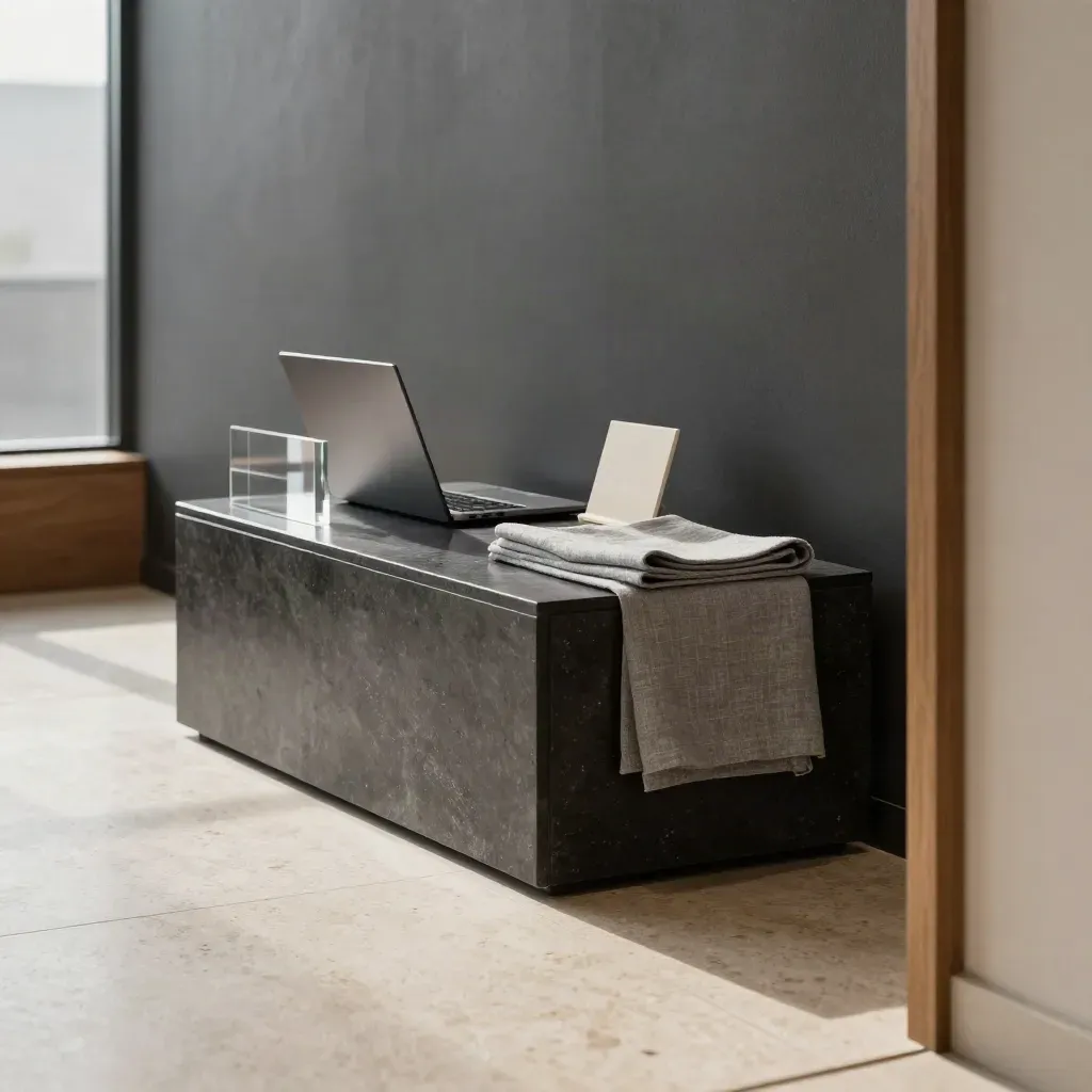 Finance advisory corner with stone pedestal, acrylic blocks, closed laptop and soft window light.