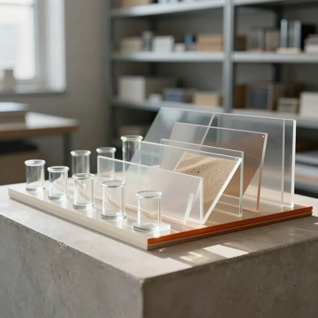 Translucent pitch-deck boards, glass cylinders, and archive case on a pale stone ledge