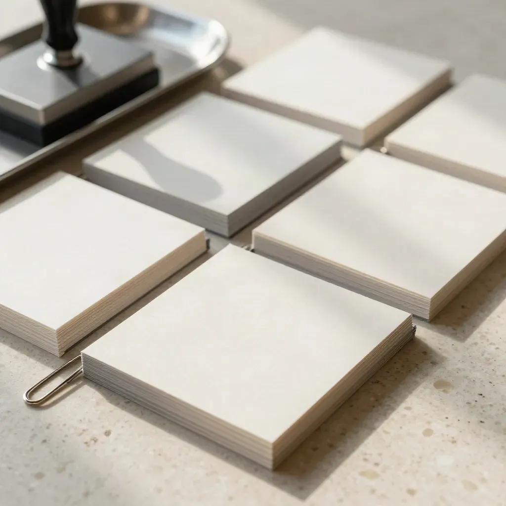 Macro of modular social media cards, paper clips, and a stamp pad on a travertine surface.