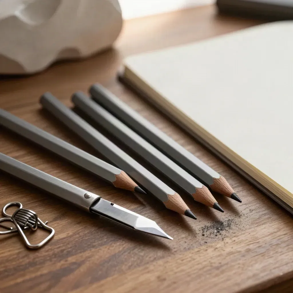 Graphite pencils, craft knife, metal clip and sketchbook edge on a walnut bench.