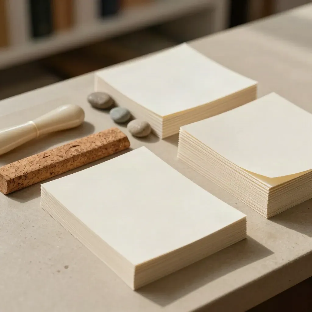 Three neat piles of ivory index cards with bone folder, cork tabs and concept stones on a plaster surface.
