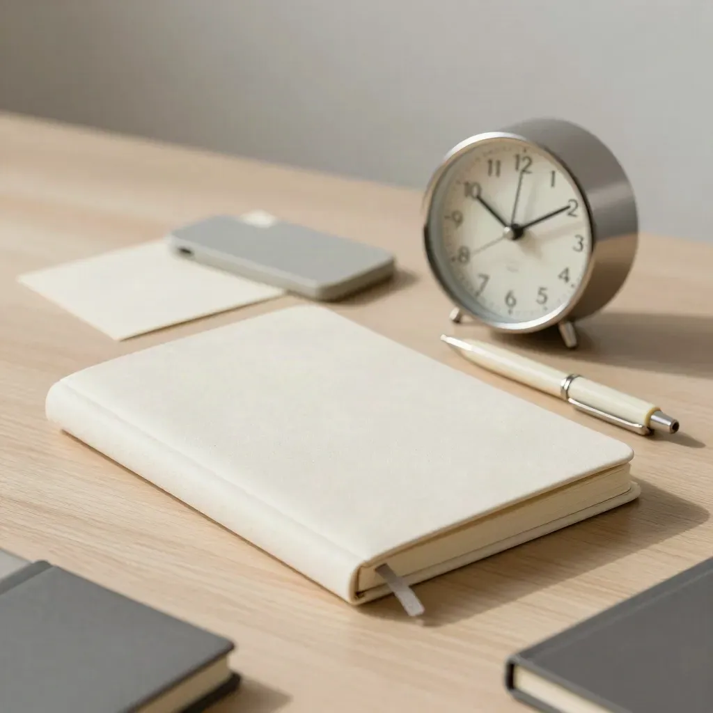 Ivory notebook, phone cradle, desk clock and pen on pale oak in soft morning light