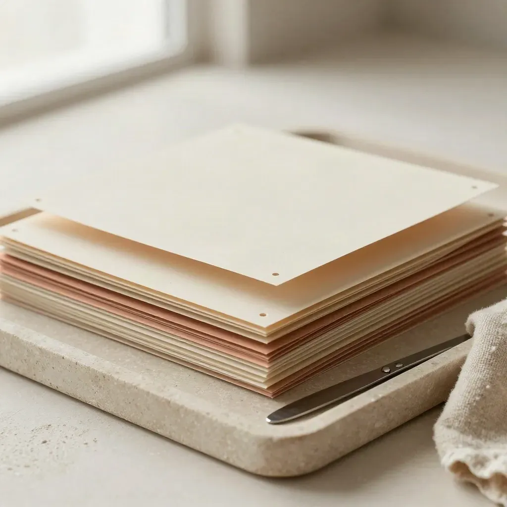 Die-cut paper layers, blade, and adhesive dots on a limestone tray with soft linen.