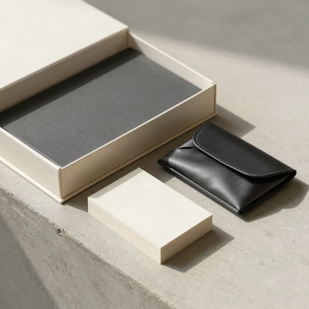 Studio still life of a brand handoff kit with box, folio, drive case, and blank cards on plaster.
