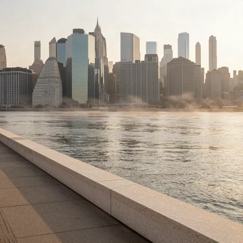 Manhattan skyline over a hazy river at sunset, with calm space for headline copy.