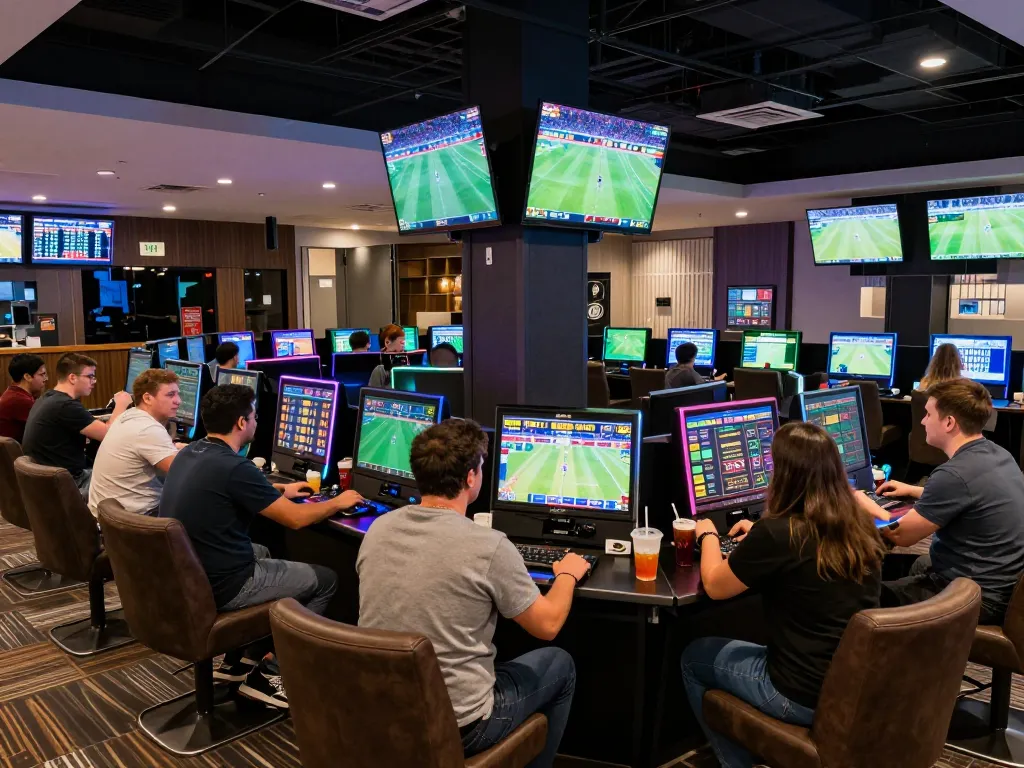 Excited players engaging in live betting at https://n188.build/, showcasing vibrant screens and modern decor.