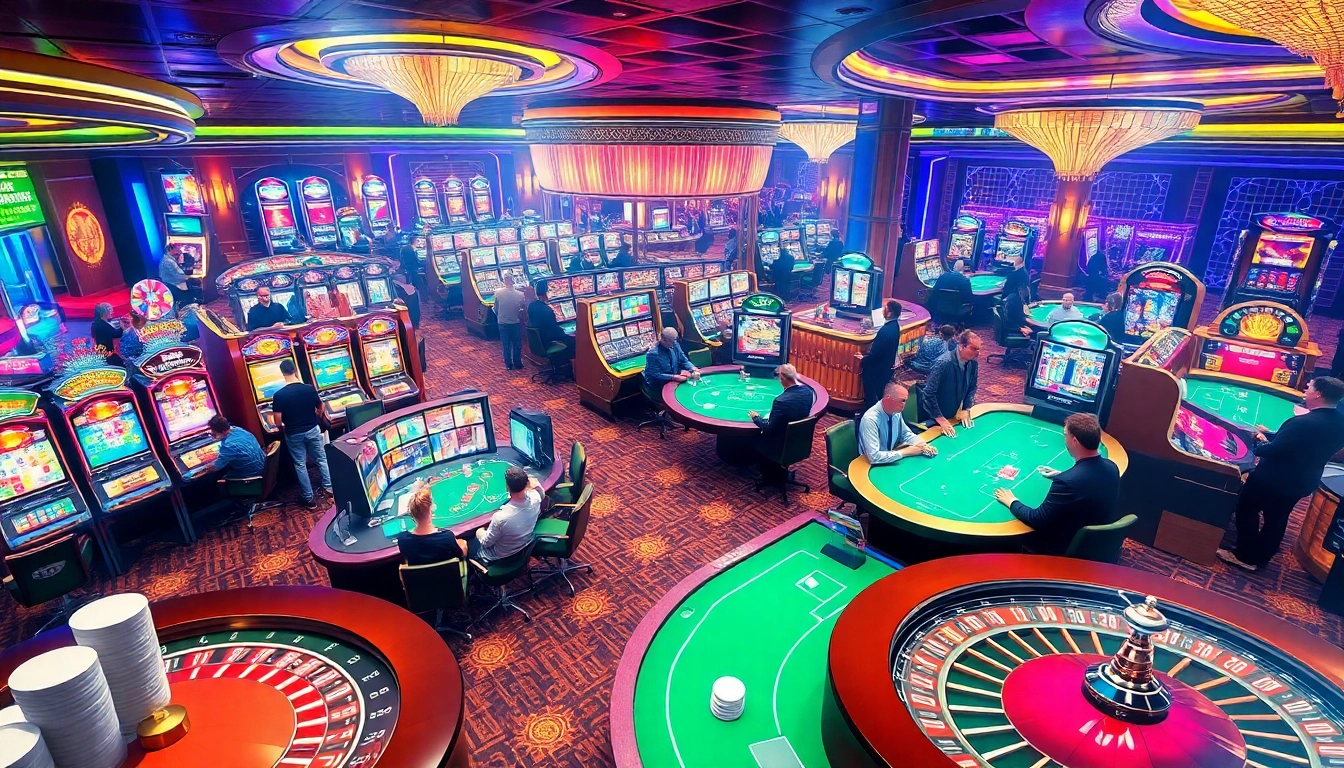 Experience the vibrant gambling world of KJC AC 1 with players enjoying casino tables and slot machines.
