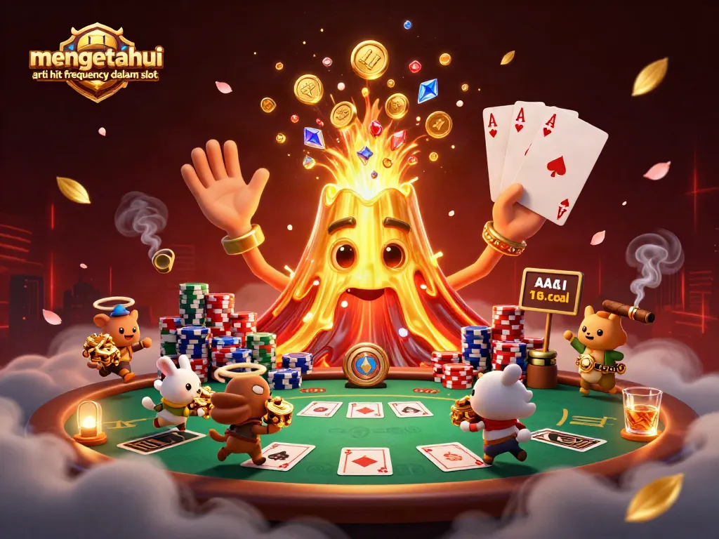 Mengetahui arti hit frequency dalam slot, ilustrasi dengan karakter beruang kecil dan gunung emas yang memuntahkan koin dan harta di kasino.