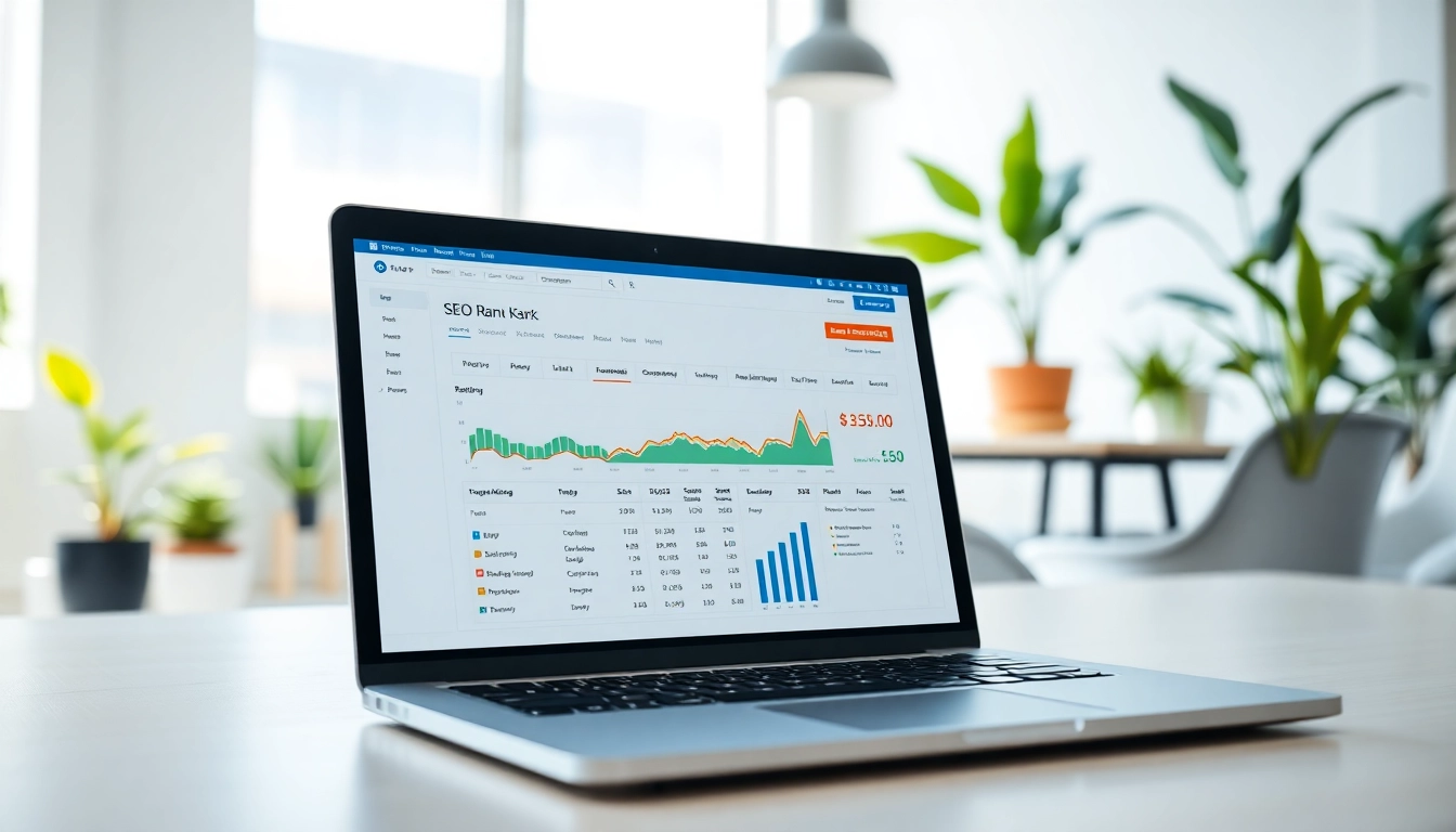 Visual representation of an SEO Rank Tracker dashboard on a laptop, enhancing digital marketing.