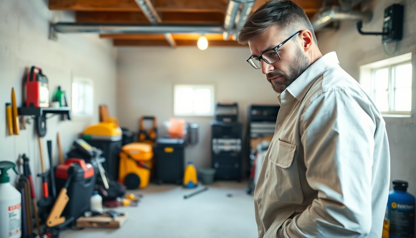 Engaged pest control expert performing basement bug removal in a bright, organized basement.