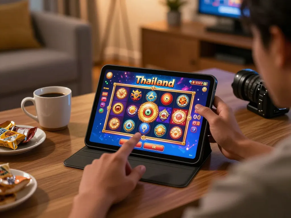 Engaging in a thrilling thailand slot game at home, enjoying cozy gaming atmosphere.