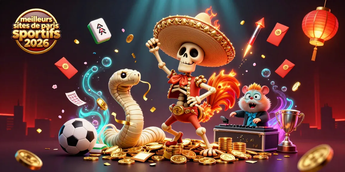Illustration représentant les meilleurs sites de paris sportifs 2026 avec un squelette de coq mariachi et un hamster DJ.