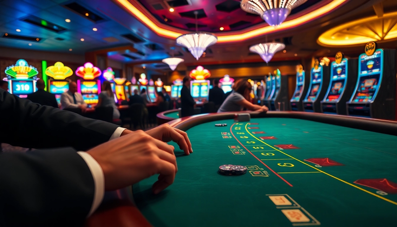 Casino spielen mit aufregenden Spielern an einem Blackjack-Tisch und bunten Spielautomaten.
