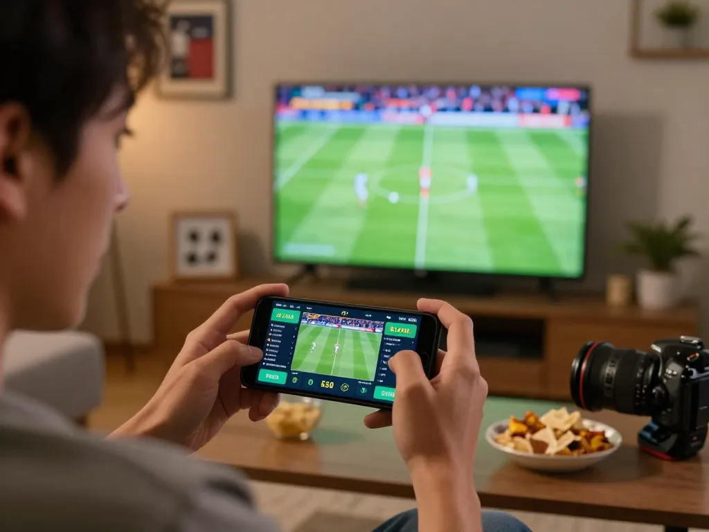 Person experiencing exciting sports betting on BK8 app with live football match on TV in cozy room.